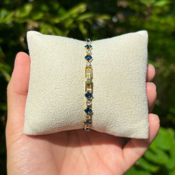 18K Gold Plated Stainless Steel Sapphire Blue & White Diamond Tennis Bracelet - Picture 5 of 5